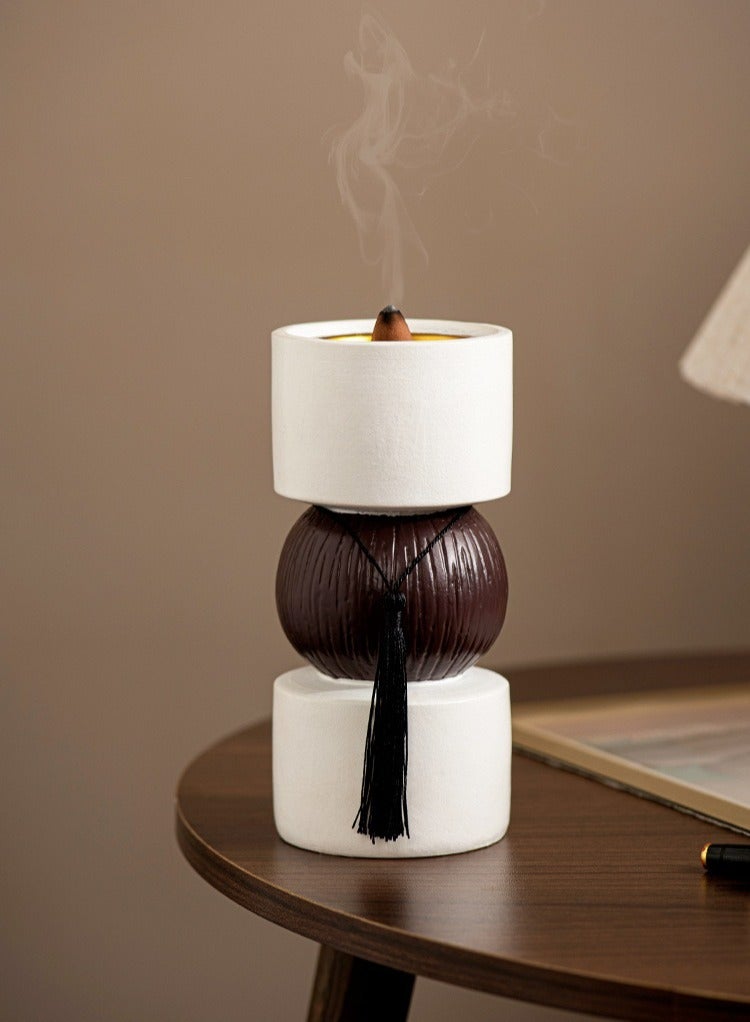 Dumbbell Shape Bakhoor Burner with Tassel - Ceramic & Wood Incense Holder for Middle Eastern Oud, Frankincense, Aromatherapy, Home Decor - Image 2